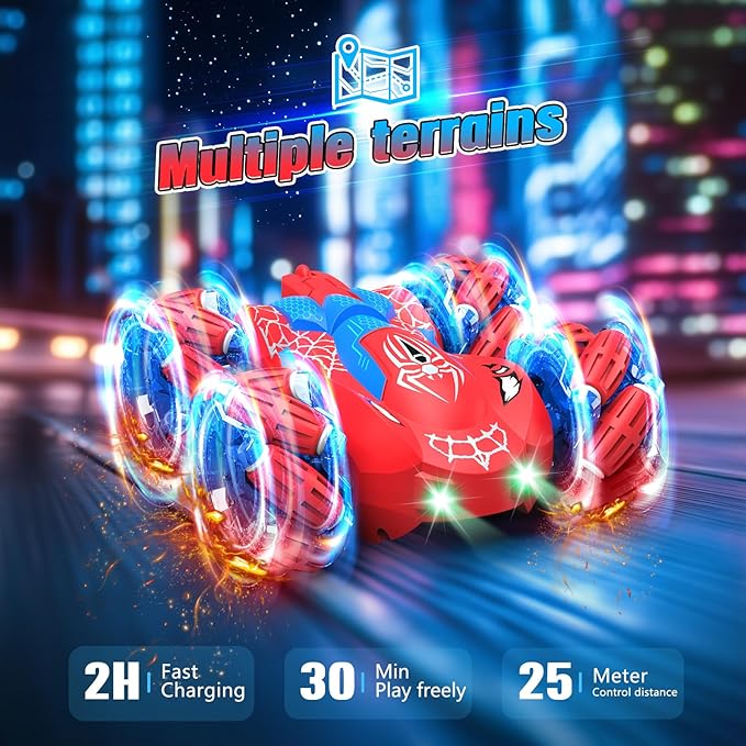 Remote Control Car 2.4Ghz RC Cars with LED Lights Double Sided Off-Road 360°Rotating Roll RC Cars Rechargeable 4WD RC Stunt Car Indoor Outdoor Toys for Boys Girls 6-13 (Red)