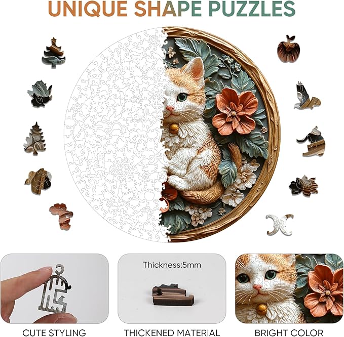 Wooden Puzzles for Adults, 3D Vision Effects Resin Cat Wooden Jigsaw Puzzles 500pcs, 16.5x16.5in, Unique Shape Adult Puzzles, Wood Puzzles Creative Gift for Adults and Kids Home Decor