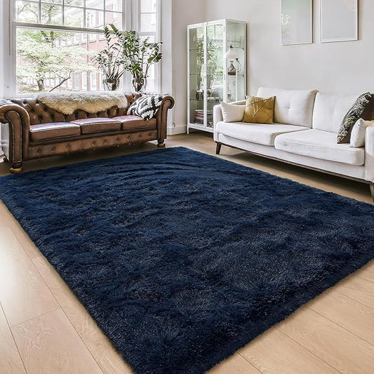 Amearea Shag Fluffy Area Rug for Kids Bedroom Living Room, Extra Soft and Fuzzy Shaggy Rugs, Non Slip, Solid Color Carpet Mat for Girls Nursery Home, Navy Blue 5x7.5 Feet