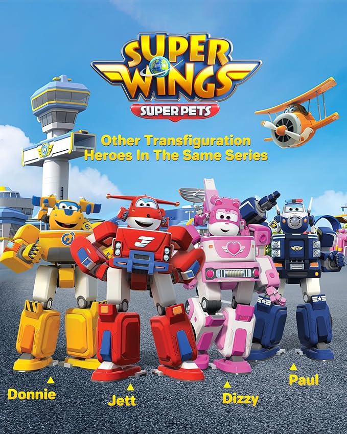 Super Wings - 7' Dizzy's Rescue Tow with 2' Pink Transform-a-Bot Mini Figure,Transforming Airplane Toy Vehicle Set,Toy for 3 4 5 Year Old Boys and Girls,US720314