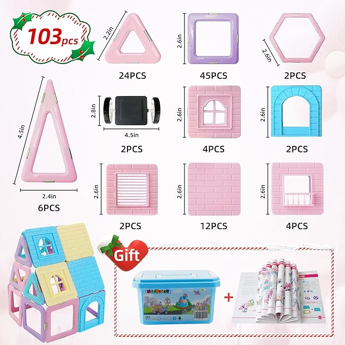 MAGBLOCK Magnetic Building Blocks Set, Upgraded Magnetic Tiles Toys for 3 4 5 6 7 8+ Year Old Girls, 103pcs Magnet Toys for Toddlers Boys and Girls 3-5