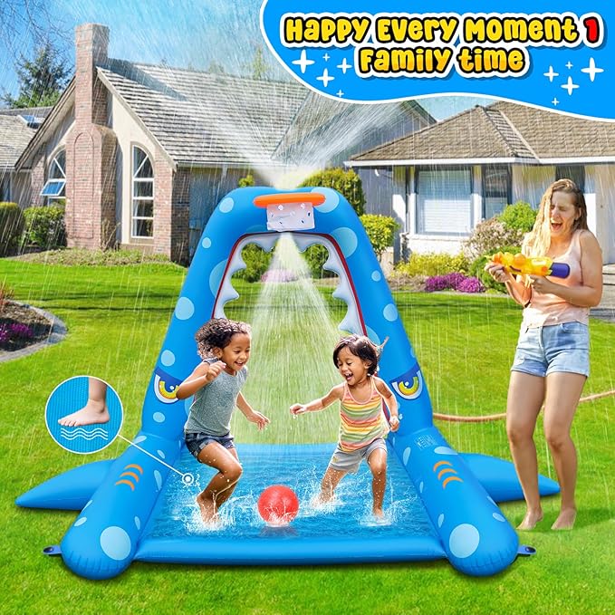 JOSEN Sprinkler for Kids Outdoor Play, Giant Inflatable Shark Water Toys Splash Pad with Basketball Hoop, Fun Sprinkler Summer Outdoor Game for 3-8 Years Old Children Boys Girls Gift