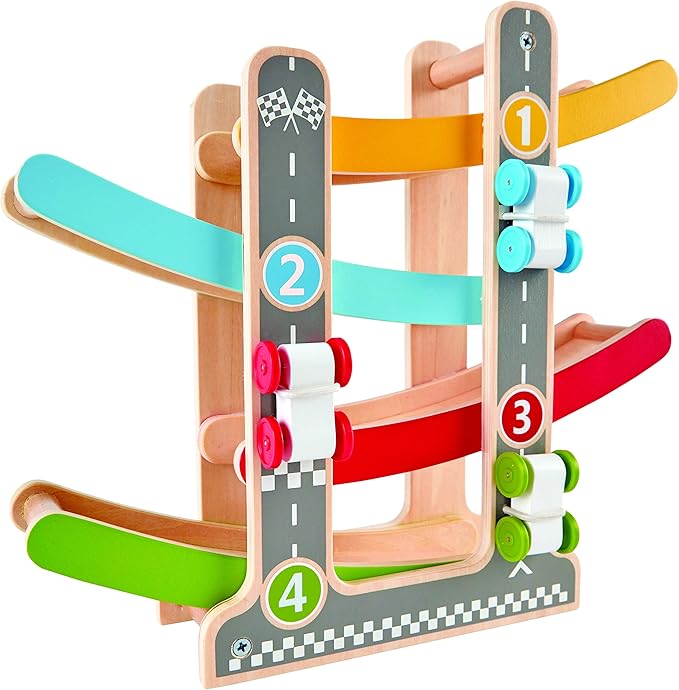 Hape Oddler Toys for 1 2 Year Old Boy & Girl Gifts Wooden Race Track Car Ramp Racer with 4 Mini Cars