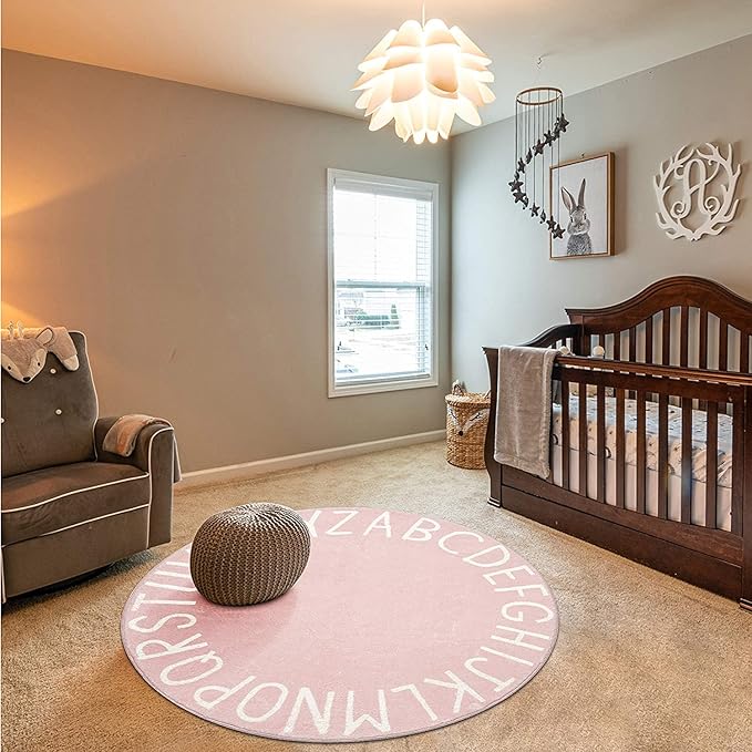 Topotdor Round Kids Play Rug Alphabet Nursery Area Rug Extra Large Soft Crawling Play Mat for Children Toddlers Bedroom (71 inch, Pink)