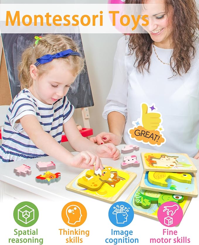 Wooden Puzzles Toddler Toys for 1 2 3 Year Old Boy Girl, 6 Packs Animal Toddler Puzzles Preschool Educational Learning Montessori Toys Age 1-3, 2-4 Christmas Birthday Gifts