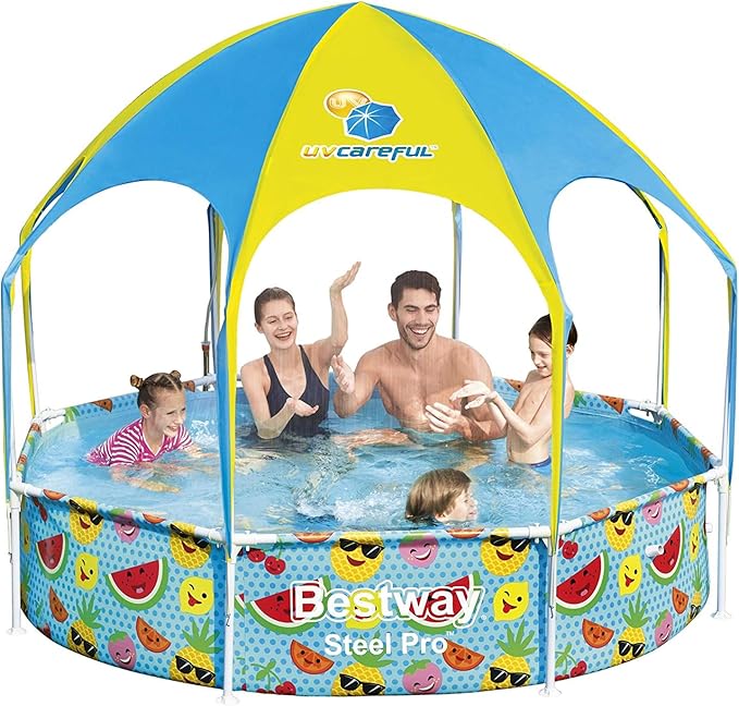 H2OGO! Kids Splash-in-Shade 8-Foot Round Steel Frame Above Ground Pool with Water Mister and Canopy Sunshade, Green Tropical Leaf Print