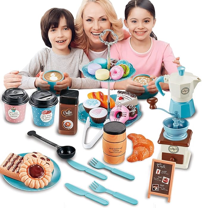Pretend Tea Party Set for Little Girls, 41 PCS Coffee Maker Set and Play Food Dessert Set for Kids Age 3 4 5 6 7 8 9, Kids Kitchen Pretend Play for Princess Girls Boys