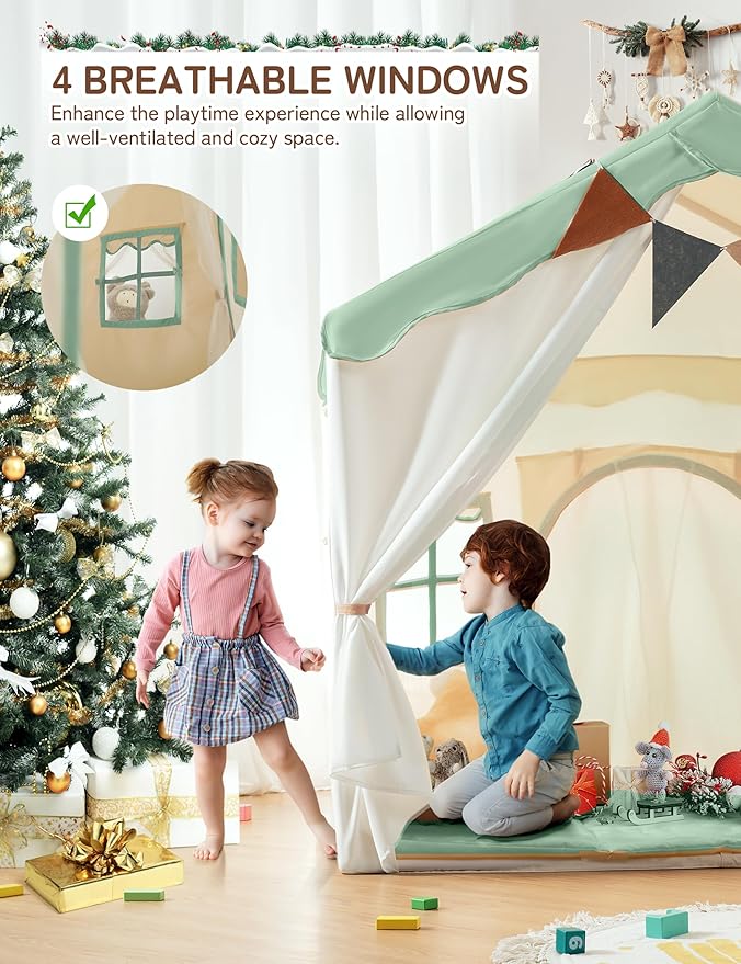 BESREY Kids Play Tent - 2 in 1 with Padded Mat & Lights, Large Playhouse with 2 Doors & 4 Windows, Indoor & Outdoor, Christmas Toddler Play Tent, 51" x 35" x 51