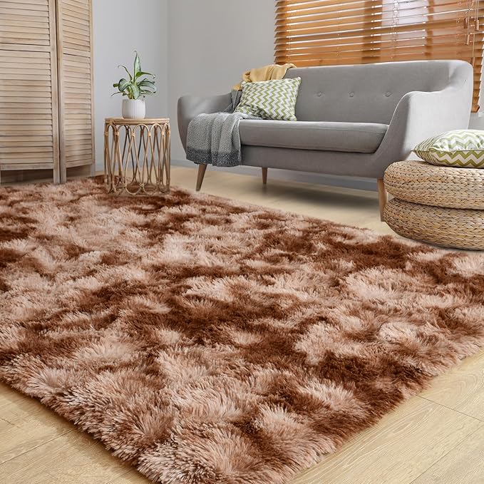Vocrite Fluffy Area Rugs for Living Room, 5x8 Ft Large Shag Bedroom Rug, Shaggy Plush Anti-Skid Carpets, Fuzzy Furry Soft Faux Fur Rugs, High Pile Rug for Dorm Kids Room, Tie Dye Brown
