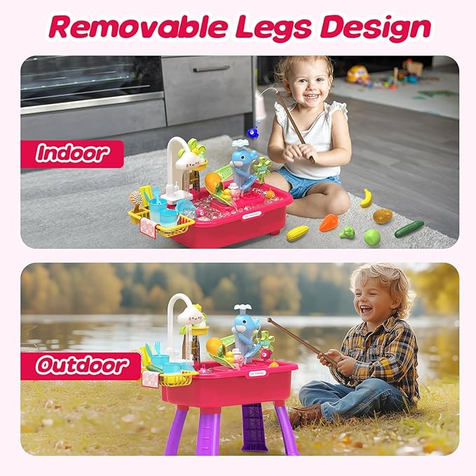 Kitchen Play Sink Toys with Running Water for Kid 4-8,4-in-1 Electric Water Table for Toddlers 1-3 with Water Pump,Animals, Food, Tableware,Color Changing Pretend Role Birthday Toy for Boy and Girl