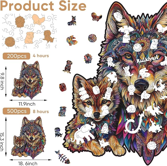 Wolf Family 200 Pieces Wooden Jigsaw Puzzles for Adults with Unique Irregular Shape Fun Challenging Animal Puzzles for Kids and Couples on Birthday,Children’s Day,Christmas 10.2"*11.8"
