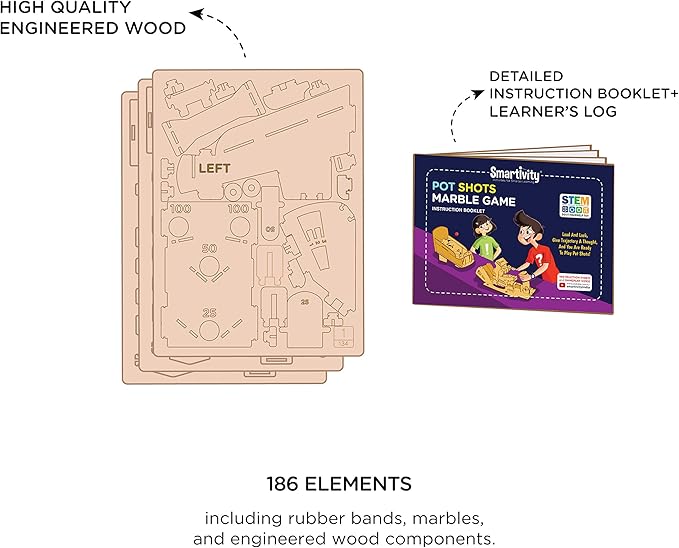 Smartivity Hot Shot Marble 3D Wooden Model Engineering STEM Learning Toy for Kids Ages 6 and Up includes Rubber Bands, Marbles, Engineered Wood Components, Instruction Manual, Learner's Log