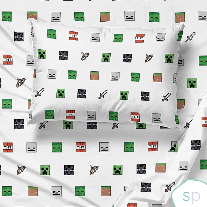 Saturday Park Minecraft Emblematic Queen Sheet Set - 4 Piece 100% Organic Cotton Sheets Features Creeper, Alex & Steve - GOTS & Oeko-TEX Certified (Minecraft Official)