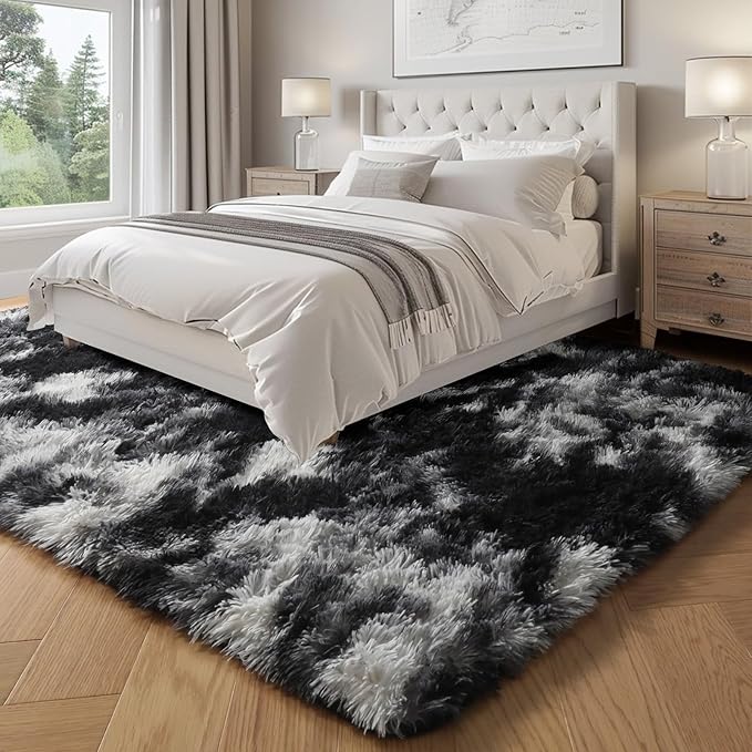 PAGISOFE Black White Grey Area Rugs for Living Room Bedroom Aesthetic, 8x10 Rug, Shag Fuzzy Fluffy Rug for Kids Room, Playroom, Classroom Dorm, Shaggy Soft Carpet, Plush Bedside Rugs, Modern Cool Rugs