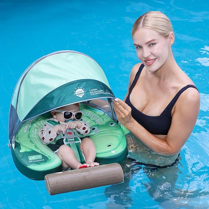 Mambobaby Float Add Tail Baby Swim Float with Canopy Solid Pool Infant Swim Trainer Swimming Training Lying Air Free Water Floats Non-Inflatable Waist Swim Ring for Toddlers (Crocodiles)