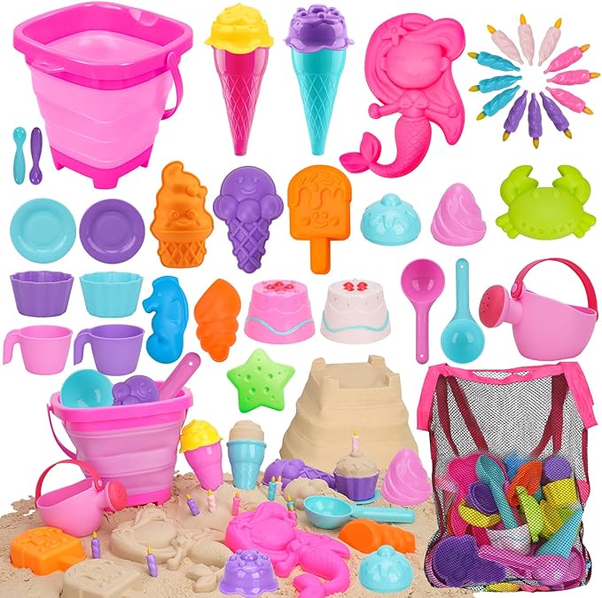 TOY Life 41 Pcs Beach Toys for Kids Ages 4-8 Collapsible Sand Toys Toddlers with Silicone Bucket Shovels & Sand Castle Building Kit Molds, Sandbox Toy Travel, Beach Party, Fishing, Summer Activities