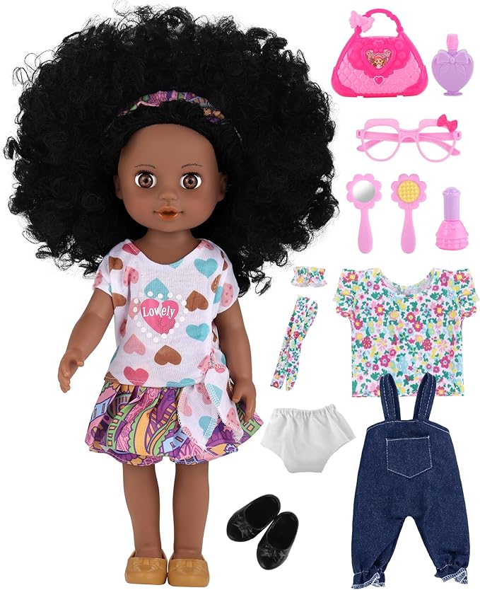 GAGAKU Black Doll for Girls, 14" Black Baby Dolls Set for Toddlers Kids 2 3 4 5 6 Years Old, Black Girl Baby Doll with Natural Hair, Including Doll Clothes Accessories