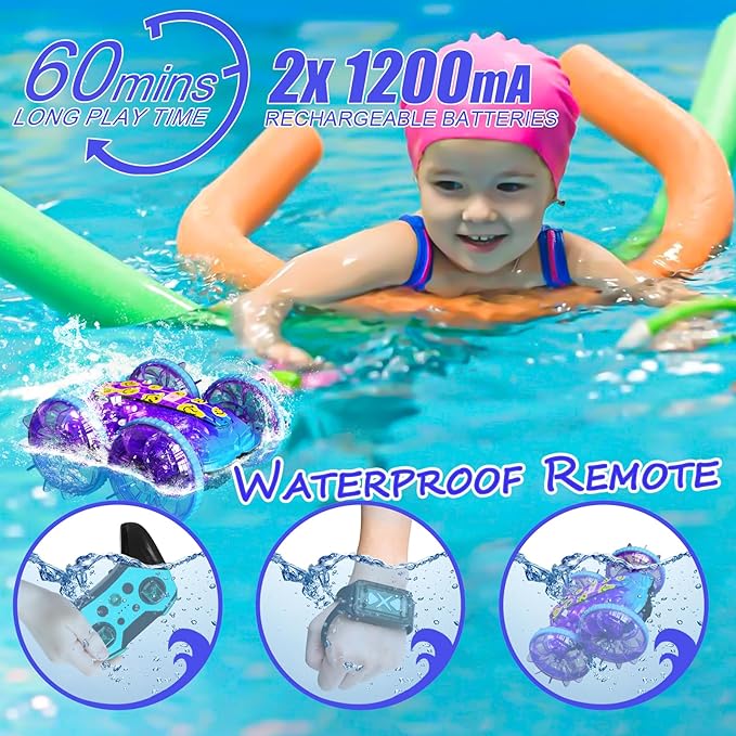 Amphibious Remote Control Car, 4WD Waterproof RC Stunt Car Toys with LED Lights, 360°Rotation RC Boat Water Beach Pool Toys for Boys, Christmas Birthday Gifts Toys for Kids Ages 4-7 8-12 Year Old