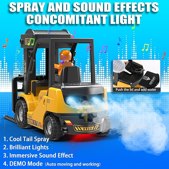RC Forklift Truck, 2 in 1 Transform Lift Fork & Hook, Kids Forklift Toy, 11 Channel Remote Control Forklift for Adults, 2 Battery, Spray, Light, RC Construction Vehicles Toy Gift for Kids 6+