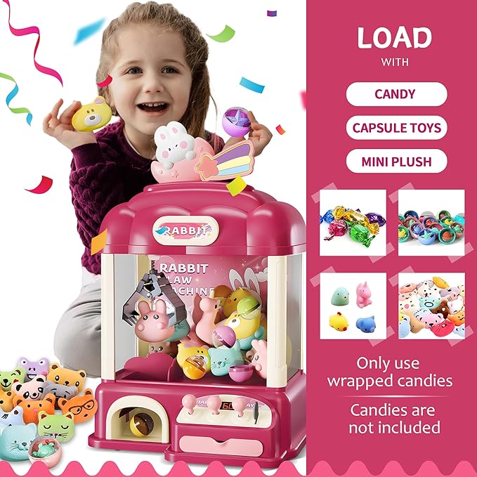 Kids Claw Machine with Toys Inside, Vending Machine Lights & Sound, Electronic Mini Claw Game for Boys & Girls, Birthday & Party Gift, Includes 25 Plush Toys, Surprise Eggs & USB Cable