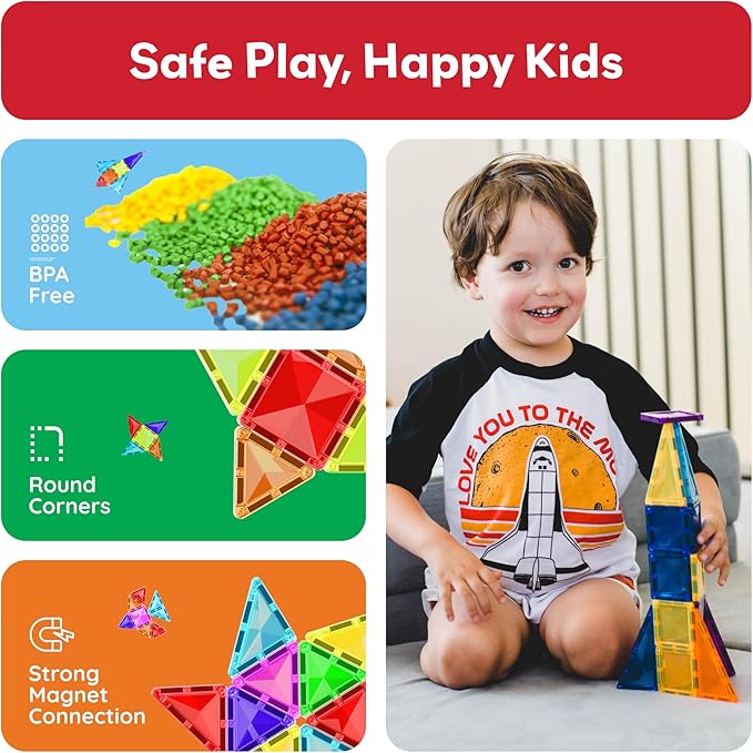 PicassoTiles 80 Pieces Magnetic Building Tiles Magnet Toys Diamond Educational Playset for STEM Sensory Gifts Kid Brain Development Stacking Blocks Construction Set