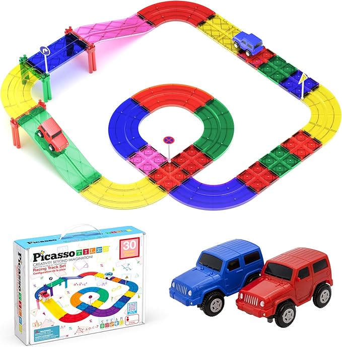 PicassoTiles Magnetic Race Track Toys Car Tracks Set for Toddlers Magnet Building Blocks Tiles Sensory Toys for Kids Include 2 Trucks STEM Engage in Thrilling Races Age 3+ Year Old Boys Girls
