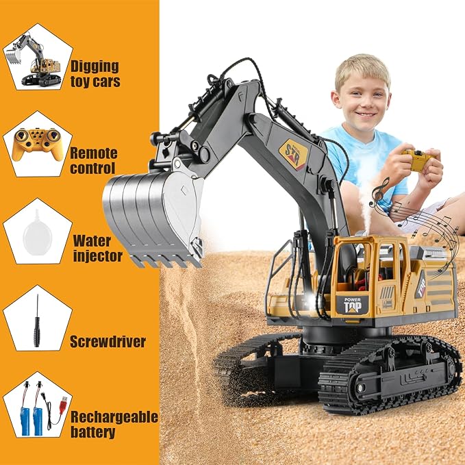 Remote Control Excavator Toys for Boys,14 Channel RC Digger Construction Toys Tractor,Simulated Smoke, Sound, Lighting, Metal Digging Head, for Boys 6 7 8 9 10 11 12