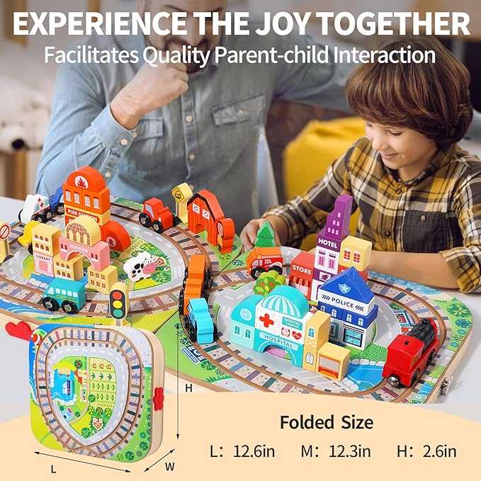 Wooden Take-Along Tabletop Railroad, Wooden Train Sets for Kids Ages 3+