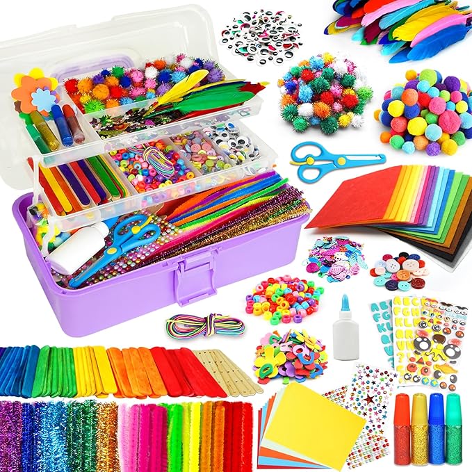 FUNZBO Arts and Crafts Supplies for Kids - Crafts Kits with Pipe Cleaners, Construction Paper, Pom poms, Googly Eyes, Crafts for Kids Ages 4-8, School Craft Projects,4 6 8 Birathday Gifts for Girls