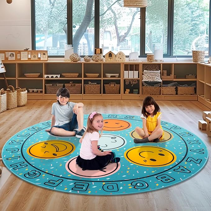 ABC Alphabet Rug for Kids, Classroom Playmat 6ft Non-Slip Circle Rugs for playroom, Round Area Rug for Elementary Classroom, Play Carpet for Boys Girls Bedrooms Playroom,Nursery Rugs-Blue