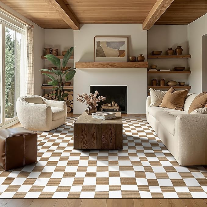 jinchan 8x10 Brown Checkered Area Rugs for Kids Room - Machine Washable Rug Modern Neutral Geometric Lattice Soft Non-Slip Carpet for Nursery Playroom Living Room Bedroom Dining Room Home Office