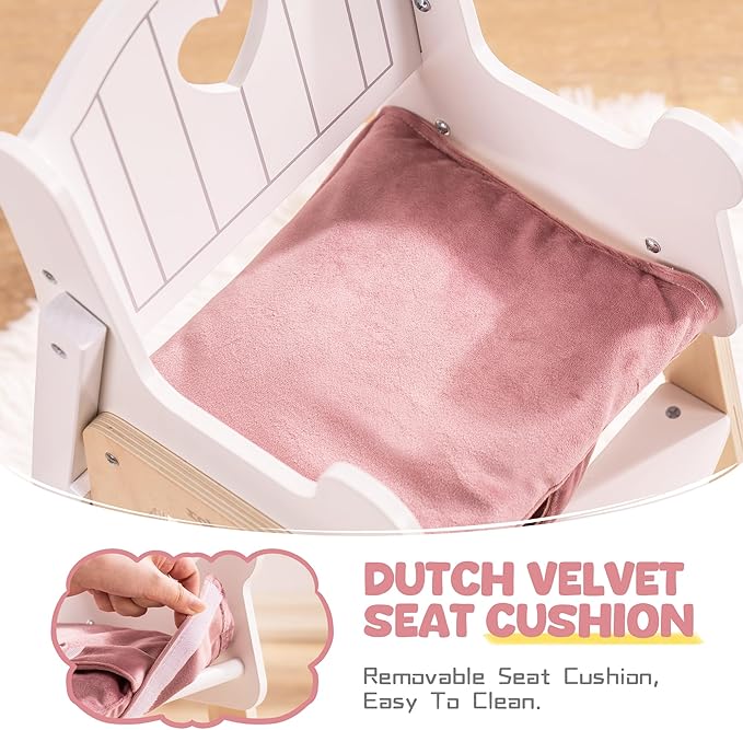 ROBOTIME Wooden Baby Doll High Chair, Pink Wooden Baby Doll Chair for 18 Inch Dolls, Pretend Play High Chair Baby Doll Accessories, Small