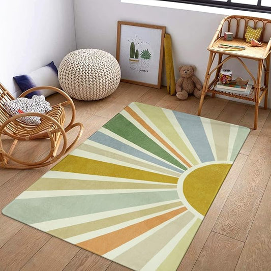 STARUIA Boho Washable Rug 3'x5' Kids Area Rug for Playroom, Colorful Kids Rug for Bedroom, Non-Slip Throw Sun Carpet Soft Small Sunshine Rugs for Office Nursery Entryway Dorm