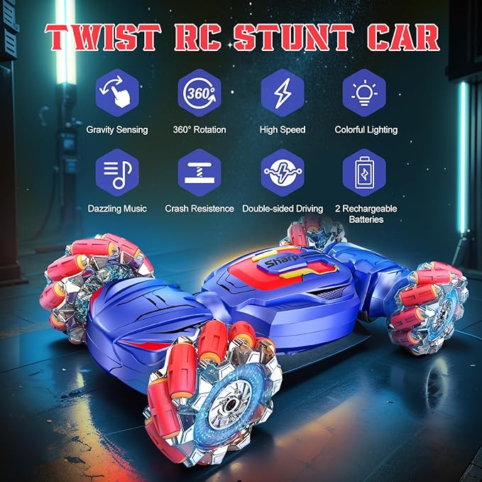 Gesture Sensing RC Stunt Car, Boys Girls Ages 6-12 Birthday Gift Ideas, 4WD Transform Off Road for Rotating Hand-Controlled 2.4Ghz Remote Control Twist Cars with Lights and Music Blue