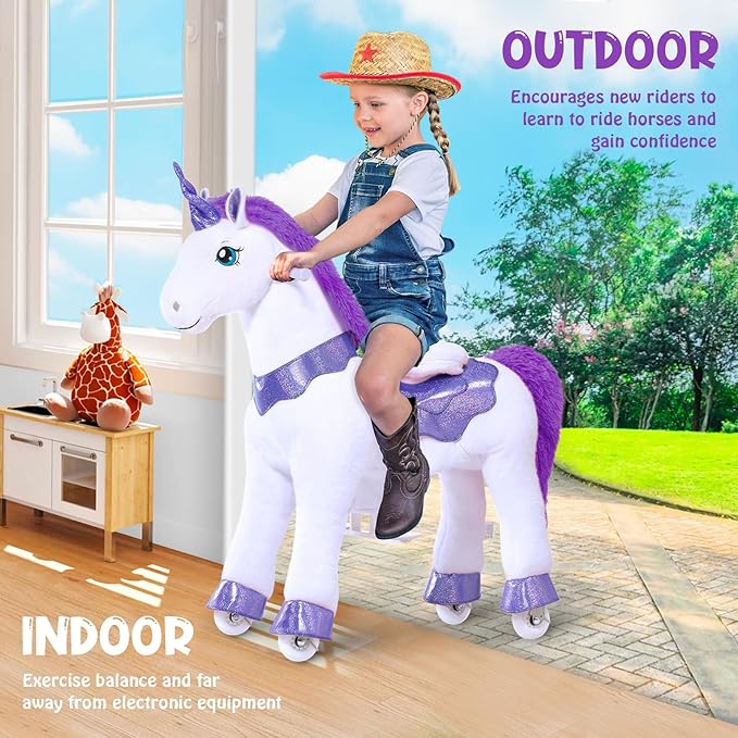 PonyCycle Ride on Unicorn Riding Unicorn Toys with Brake, Essential Model E Interactive Toy Unicorn Gifts for Girls (30" Height/Size 3 for Age 3-4) Riding Horse Ride on Toy Stuffed Animal Purple E313