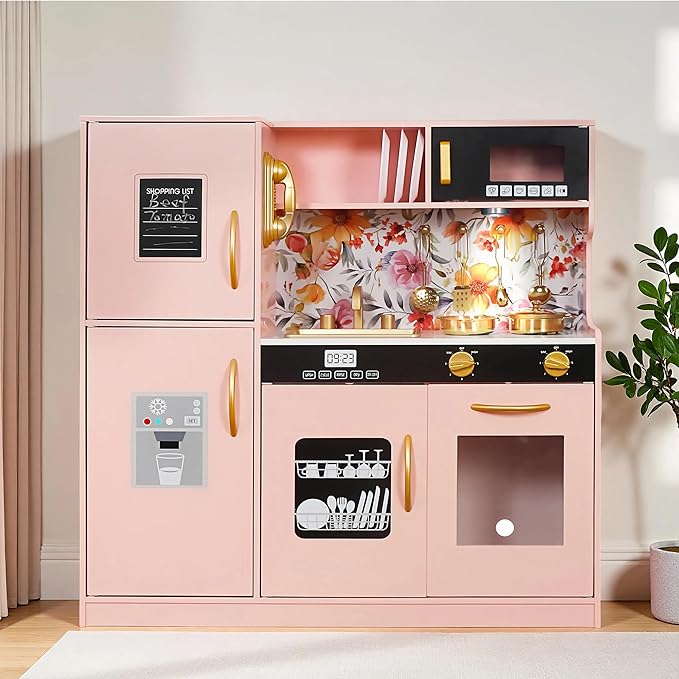 Wooden Play Kitchen Toy Set with Light, Kids Children Pretend Toy Kitchen Playset, Sink Play Toy Oven with Microwave,Toddler Cooking Set Toy for Ages 3+Baby Girls Boys (Pink)