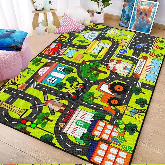 Kids Carpet Playmat Rug - Car Carpet for Kids 4.5x6 Feet, Large Educational Play Mat Town Traffic Road Map Rug City Life Car Mat for Kids Toy for Bedroom Classroom Nursery Room