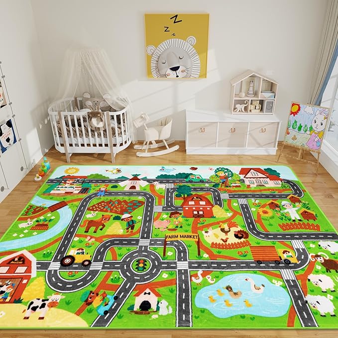 Kids Rug Play Mat for Toy Cars, 59"×78.7" Farm Life Road Traffic for Playroom Kids Car Road Rugs Village Map Play Mat Non-Slip Washable Play Rug for Toddler Room Family Tummy Time Playtime