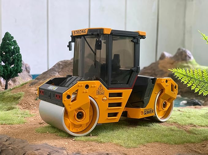 Gemini&Genius Double-Drum Road Roller Toy Construction Vehicle Toy 1/50 Scale Die-cast Grader Engineering Road Planer Vehicle, Asphalt Drum Compactor Alloy Model Toys and Collections for Kids
