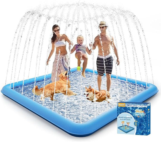 Splash Pad, 107"- 80" Non-Slip Splash Pad for Kids and Dogs, Thickened Durable Square Dog Pool with Sprinkler Summer Outdoor Water Toys for Toddler Girls Boys Children Pet (Blue)