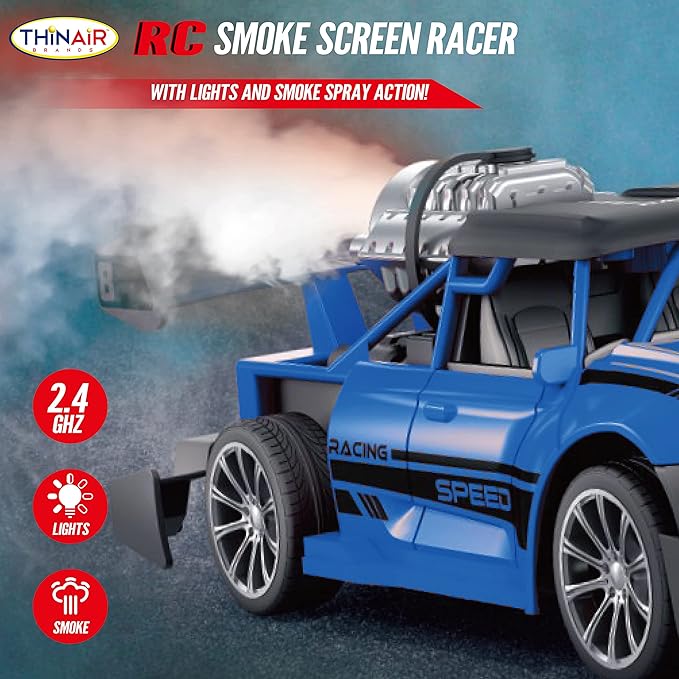 Nature Bound Remote Control Car, Smoke Screen Racer, 2.4 GHz RC Vehicle with Spraying Mist & Light for Kids, Sport Racing Hobby Toy for Boys & Girls (Blue)