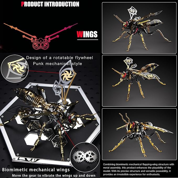 3D Metal Puzzles for Adults: Metal Model Kits 3D Metal Puzzle Mechanical Wasp Building Blocks, Difficult DIY for Assembly Gifts for Men (3D Metal Wasp-Red Gold)