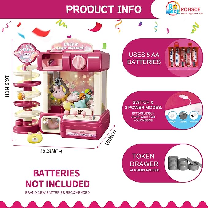 Large Claw Machine for Kids – Pink Dream Vending Machine Toy with Capsule Slide, Plush Toys, Lights & Music, Girls Claw Game Machine with USB & Coins, Birthday Gift for 6 7 9 10 12 Years Old