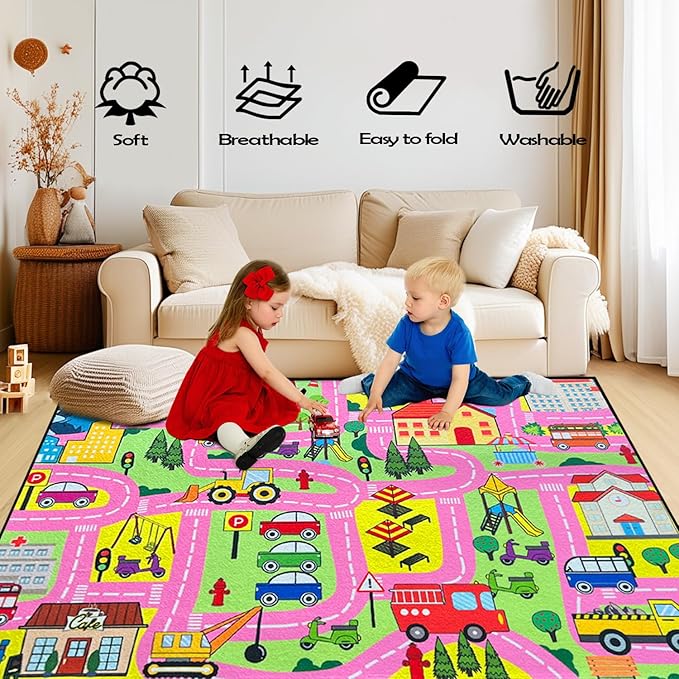 Car Track Rug - Car Rugs for Kids Toy Cars City Life Road Rug Large Kids Play Mat Car Carpet for Boys Girls Playroom Living Room Bedroom Classroom, 5'×7'