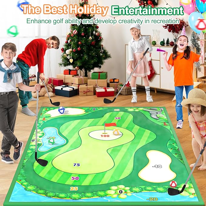 Double-Sided Chipping Golf Game Mat and Darts Mat with Clubs, Thickened and Durable, Indoor and Outdoor Sticky Golf Game Equipment for Adults and Family Kids