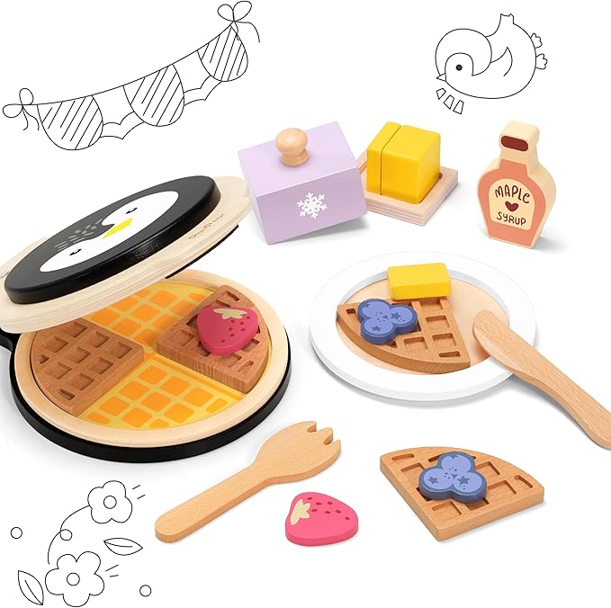 PairPear Wooden Waffle Maker Toy Food Playset, Kids Pretend Play Food Kitchen Accessories, Wooden Cooking Toy Baking Playset, Toddler Play Breakfast Brunch Tea Sets Cutting Food Gift for Girls Boys 3+