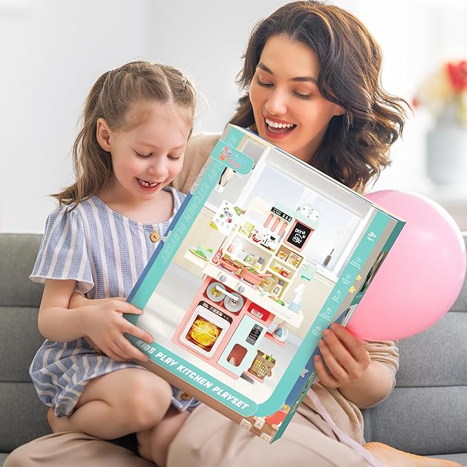 HOLYFUN Kids Kitchen Playset, Kitchen Set for Toddler with Sound and Light, Cooking Stove with Steam, Play Sink and Toy Kitchen Accessories, Pretend Kitchen Toys for Kids Girls Boys, Pink