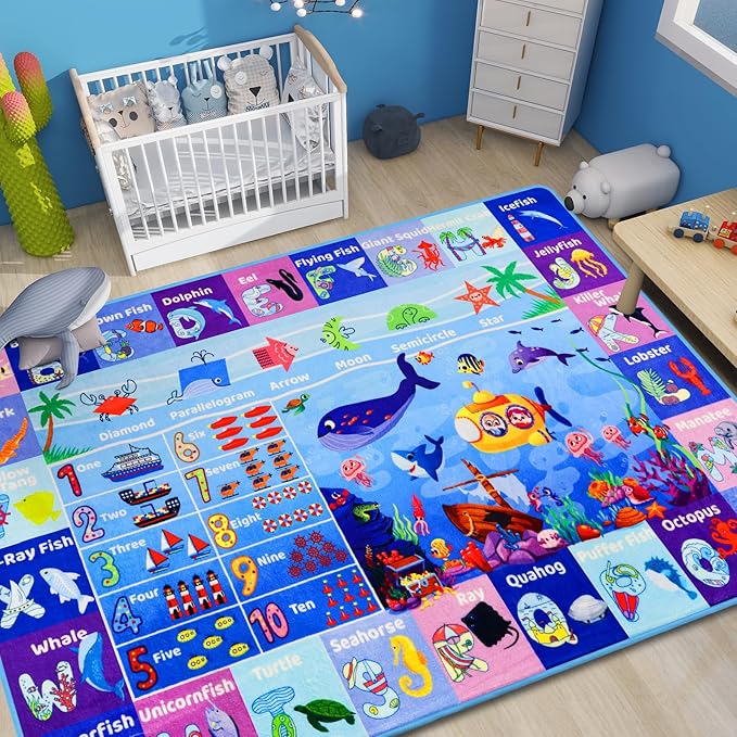 ABC Kids Rug for Playroom 47"×31.5" Ocean Playmat Baby Play Mat Alphabet Mat Sea Animal Number Shape Classroom Rug Kids Playroom Carpet Early Learning Carpet for Preschool Toddlers