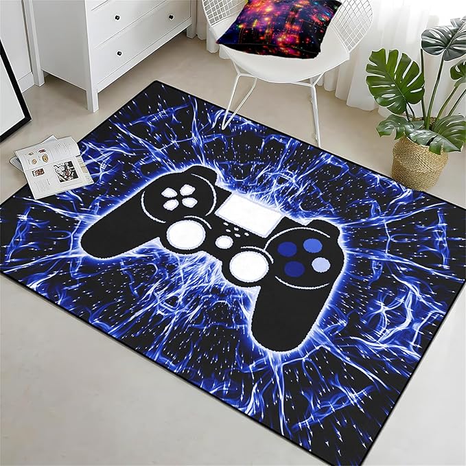 Game Controller Gaming Rugs Art Abstract Background Open Space Gamer Rug Hyperspace Home Decoration for Teen Boys Game Style Bedroom Living Playing Room Black Blue
