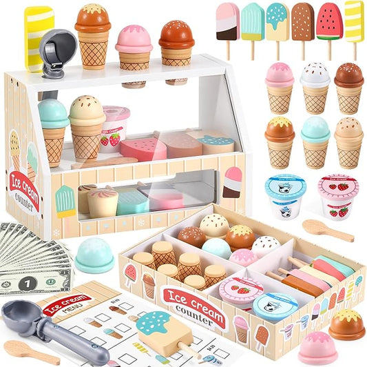 Wooden Ice Cream Toys Kids Play Store Pretend Toy for Toddlers, Play Kitchen Accessories with Scoop & Menu & Fake Money, Ideal Ice Cream Play Set Gifts for 3 4 5 6 7 8 Year Old Girls Boys